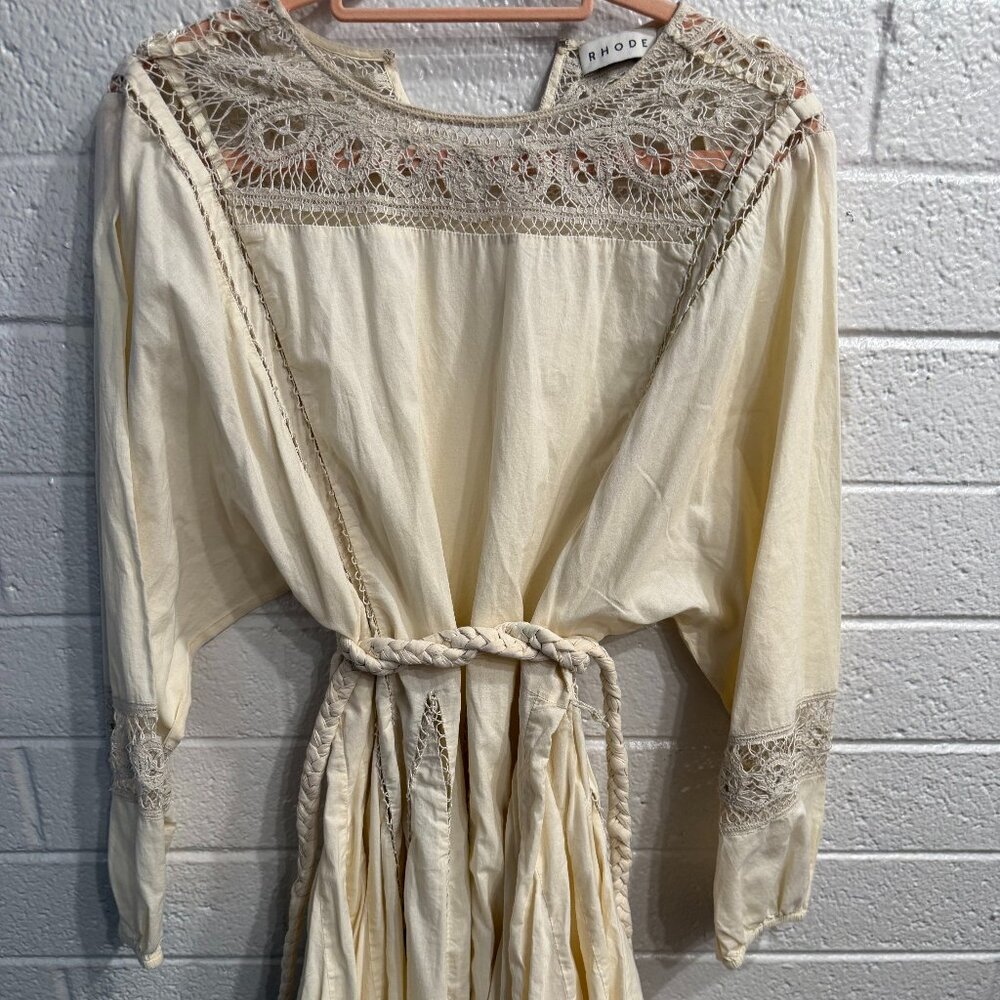 RHODE Lace Trim Mini Dress Size L Cream Boho Belted Resort Missing Slip